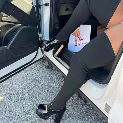 Μπότες Over-the-Knee Κάλτσα με Χοντρό Τακούνι & Γυαλιστερή Σόλα