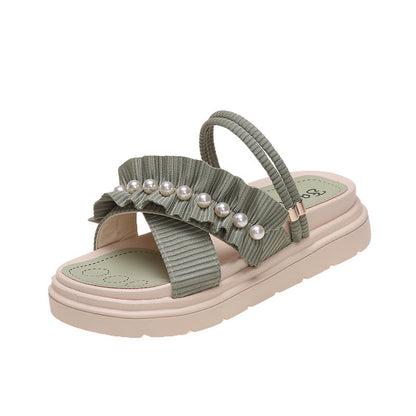 Γυναικεία Flatform Σανδάλια με Πέρλες & Σούρα