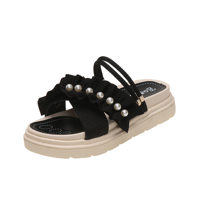 Γυναικεία Flatform Σανδάλια με Πέρλες & Σούρα