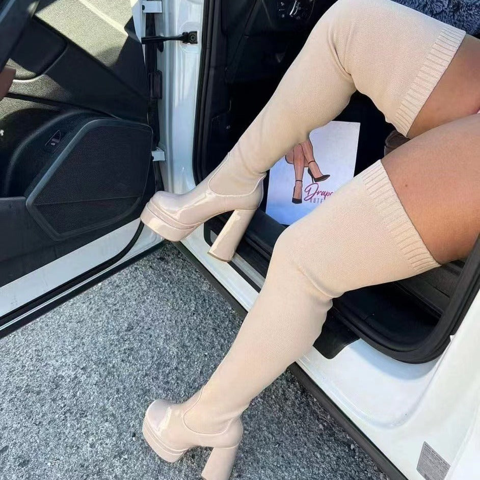 Μπότες Over-the-Knee Κάλτσα με Χοντρό Τακούνι & Γυαλιστερή Σόλα