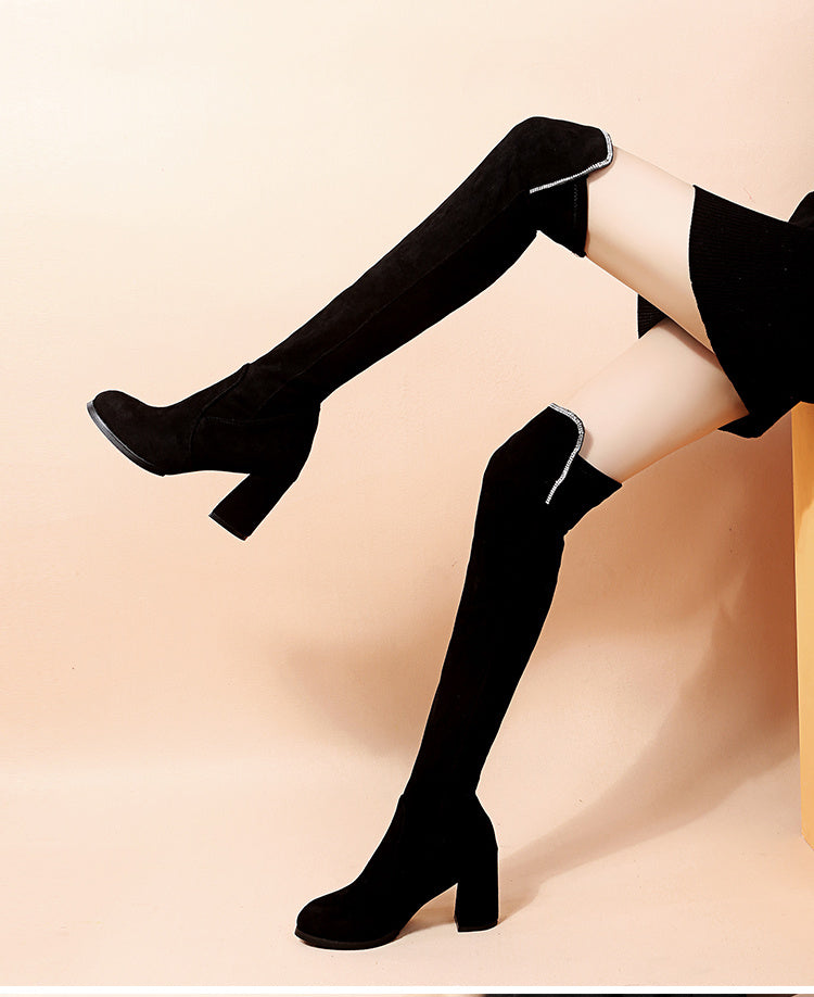 Μπότες Over-the-Knee με Χοντρό Τακούνι & Στρας στο Γόνατο
