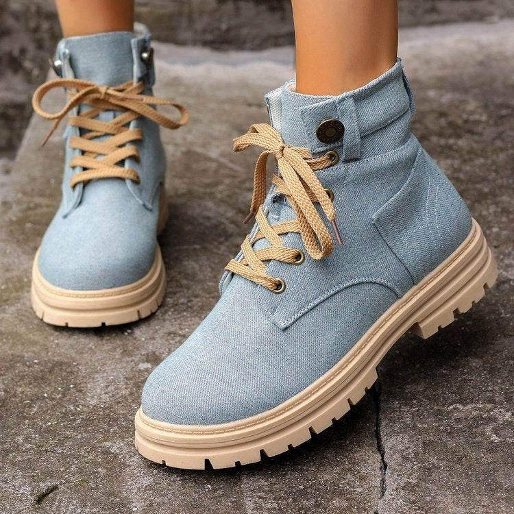 Denim Μποτάκια με Chunky Σόλα & Κορδόνια