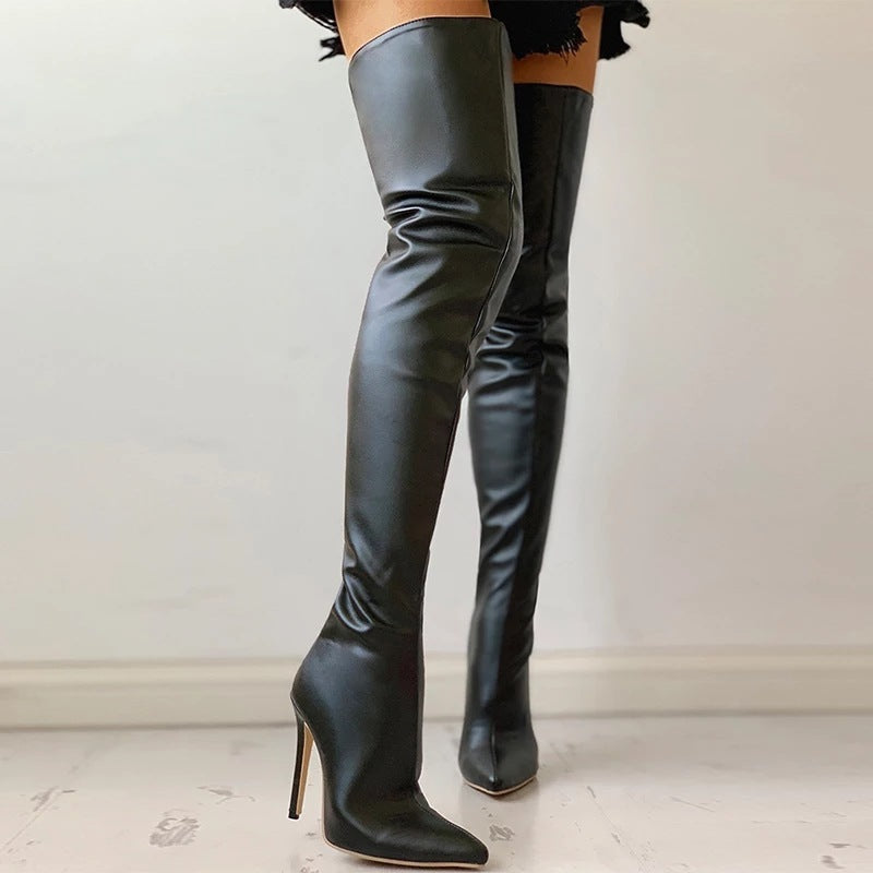 Μπότες Over-the-Knee με Ψηλό Τακούνι & Δερμάτινη Υφή