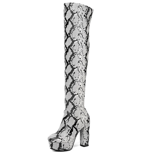 Μπότες Over the Knee με Snake Print & Χοντρό Τακούνι