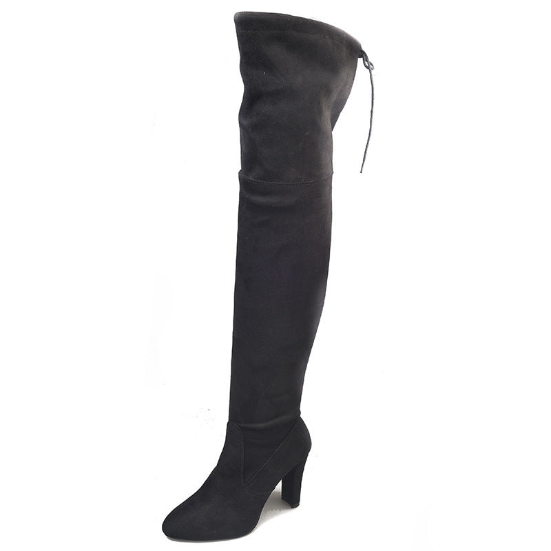 Over the Knee Μπότες με Στρογγυλή Μύτη & Χοντρό Τακούνι