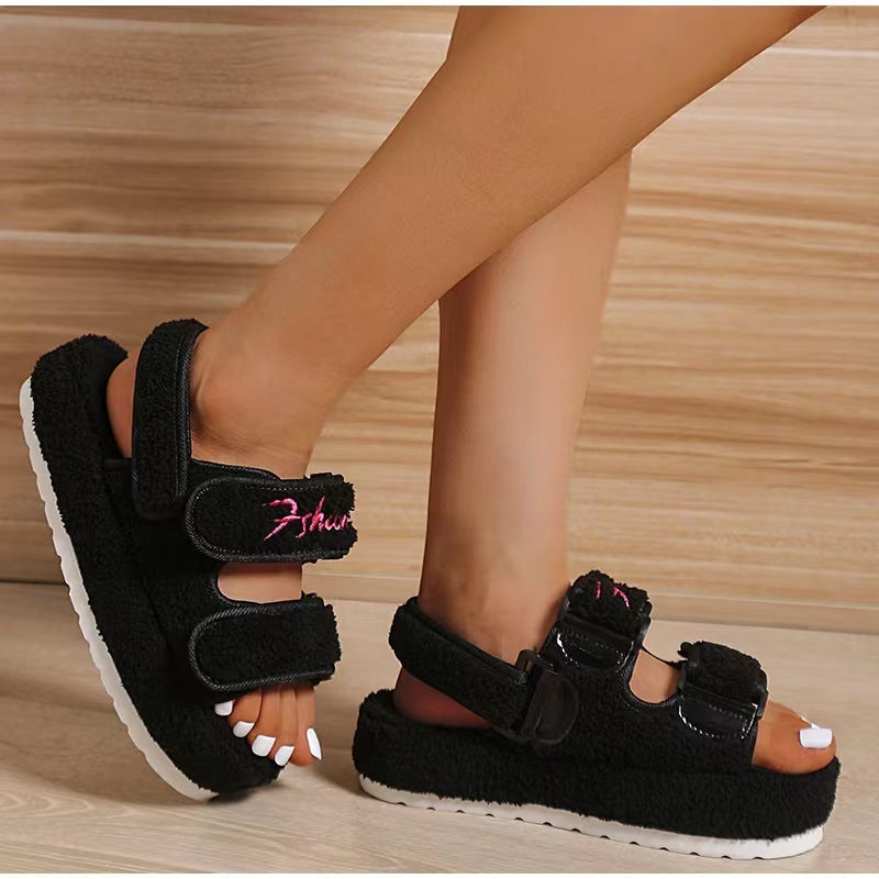 Flatform Σανδάλια με Υφασμάτινη Επένδυση & Αυτοκόλλητο Κλείσιμο