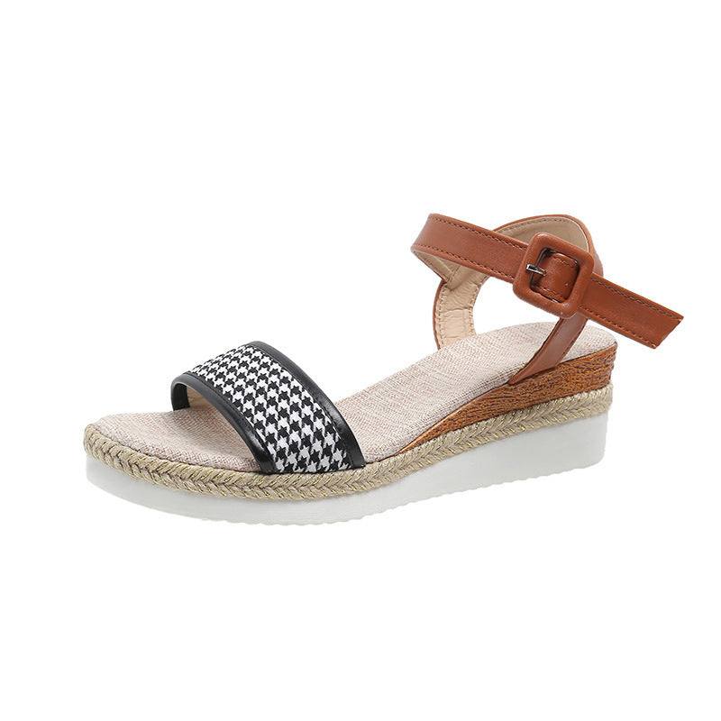 Flatform Σανδάλια με Ύφανση Pied de Poule & Δερμάτινο Λουράκι